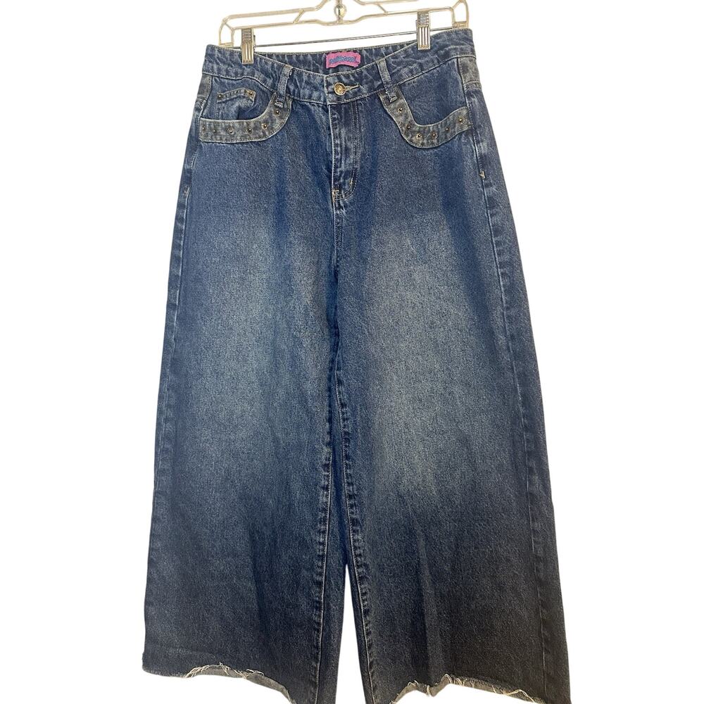 Edikted Y2K Studded Wide Leg Jeans M Raw Hem Baggy Faded Denim